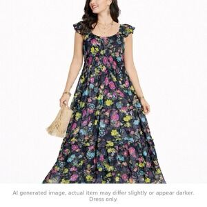 Betsey Johnson Womens Maxi Dress Smocked Layered Floral Boho XL Size Summer Fit